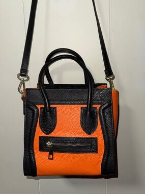 Black & Orange Pebbled Leather Mini Top Handle Crossbody Bag Made in Italy